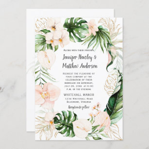 Blush Pink Gold Tropical Greenery Wreath Wedding Invitation