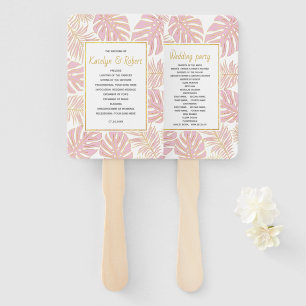 Blush pink, gold tropical leaves wedding program hand fan