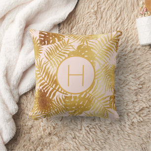 Blush pink gold tropical palm tree leaves monogram cushion