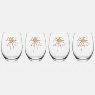 Blush Pink Gold Tropical Palm Trees Stemless Wine Glass