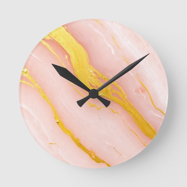 Blush Pink Gold Veined Marble Round Clock (Front)