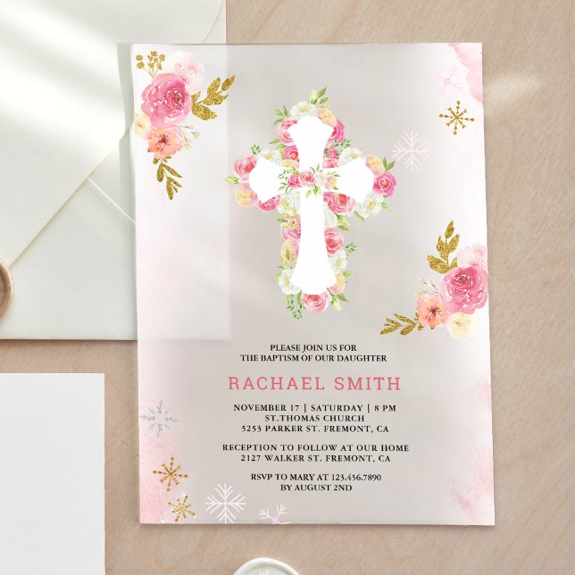 Blush Pink Gold Watercolor Floral Baptism Acrylic Invitations (Creator Uploaded)