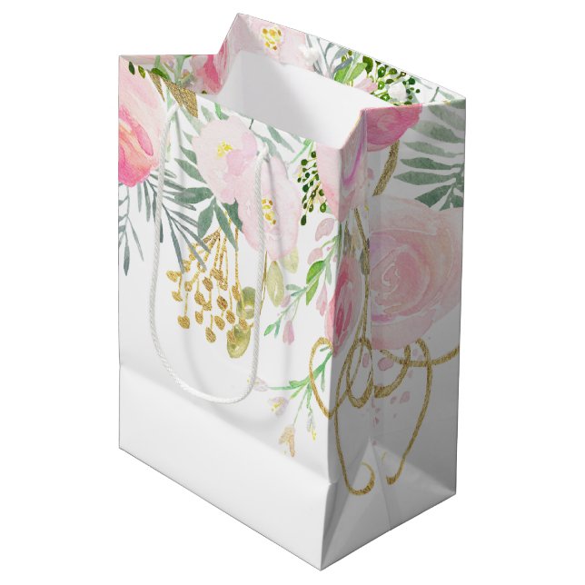 Blush Pink Gold Watercolor Flowers MEDIUM Bags (Front Angled)