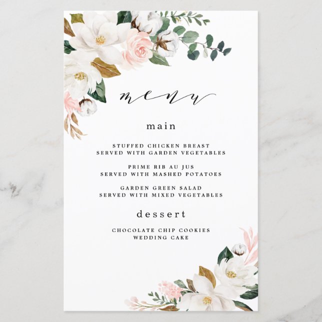 Blush Pink Gold White Floral Wedding Menu Cards (Front)