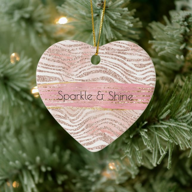 Blush Pink Gold White Glitter Zebra   Ceramic Ornament (Tree)