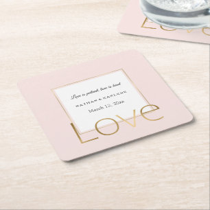 Blush Pink Gold White Love Wedding Square Paper Coaster