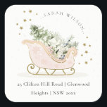 Blush Pink Gold Winter Sleigh Christmas Address Square Sticker<br><div class="desc">Chill Out Sleigh Winter Theme Collection.- it's a cute pastel watercolor Illustration of blush pink gold sleigh filled with Christmas pine tree, gifts and winter berries with classy gold star frame and snowfall in the background. Perfect for your little ones winter birthday party. It’s very easy to customise, with your...</div>