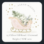 Blush Pink Gold Winter Sleigh Christmas Address Square Sticker<br><div class="desc">Chill Out Sleigh Winter Theme Collection.- it's a cute pastel watercolor Illustration of blush pink gold sleigh filled with Christmas pine tree, gifts and winter berries with classy gold star frame and snowfall in the background. Perfect for your little ones winter birthday party. It’s very easy to customise, with your...</div>