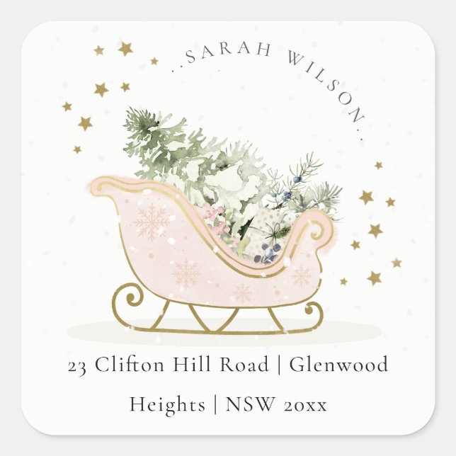 Blush Pink Gold Winter Sleigh Christmas Address Square Sticker (Front)