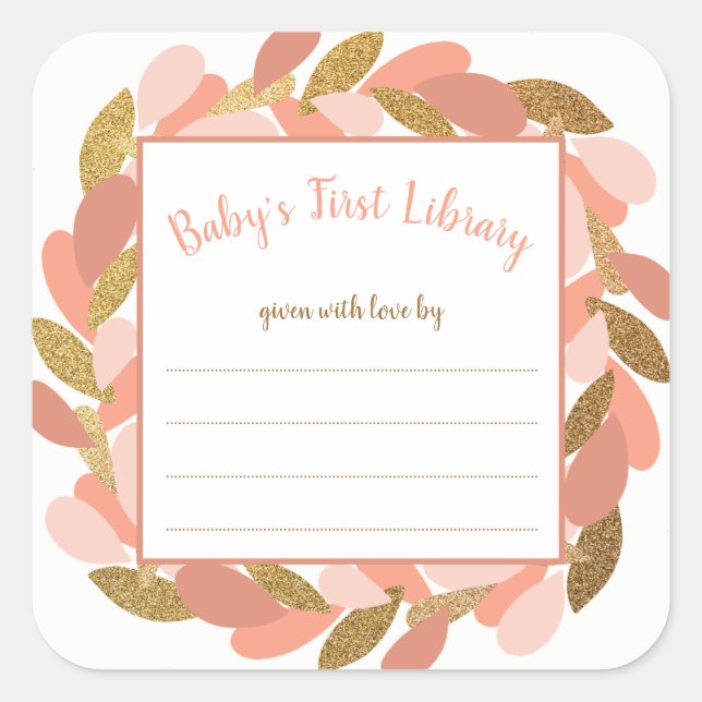 Blush Pink Gold Wreath girl baby shower book Square Sticker (Front)