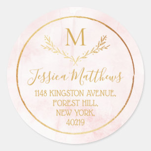 Blush Pink & Gold Wreath Monogram Return Address Classic Round Sticker
