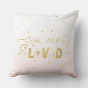 Blush Pink Gold You are Loved Hearts Ombre Cushion