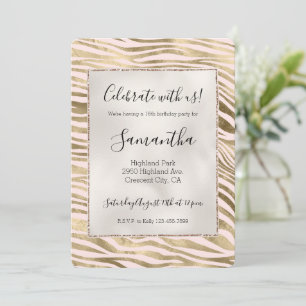 Blush Pink Gold Zebra Animal Print   Invitation