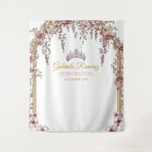Blush Pink Golden Floral Quinceañera Backdrop Tapestry