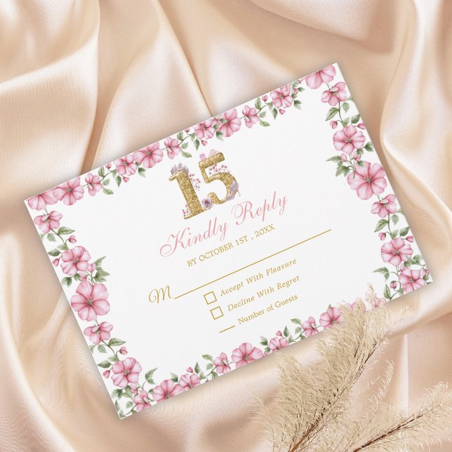 Blush Pink Golden Mis Quince Glitter Quinceañera RSVP Card (Creator Uploaded)