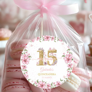 Blush Pink Golden Mis Quince Quinceañera Classic Round Sticker