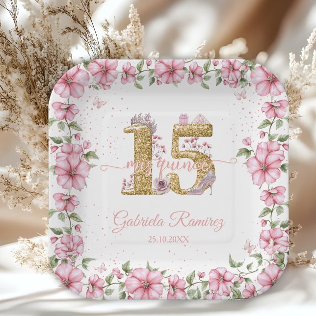 Blush Pink Golden Mis Quince Quinceañera  Paper Plate (Creator Uploaded)