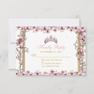 Blush Pink Golden Tiara Floral Quinceañera RSVP Card