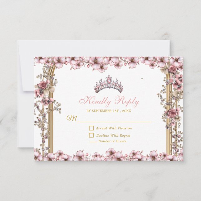 Blush Pink Golden Tiara Floral Quinceañera RSVP Card (Front)