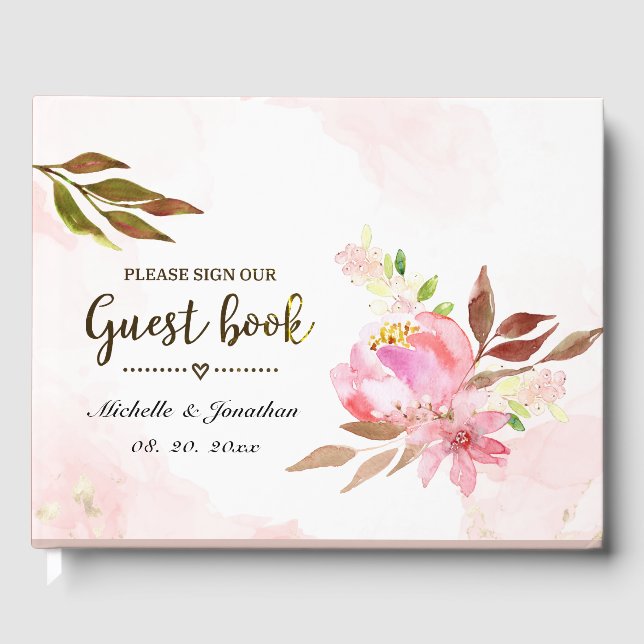 Blush Pink Golden Watercolor Flowers Wedding Guest Book (Front)