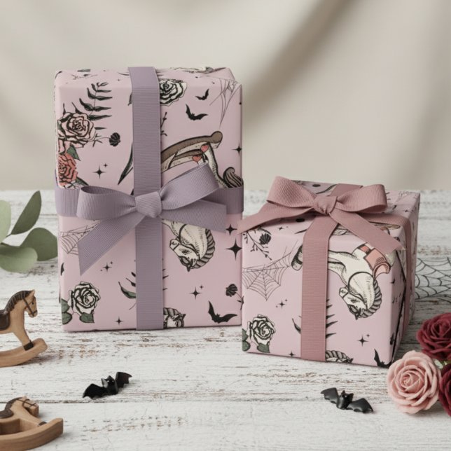 Blush Pink Gothic Baby Rocking Horse Wrapping Paper (Vintage Blush Pink Floral Gothic Rocking Horse, Bats, Webs Pattern for Mother to Be for Halloween.)