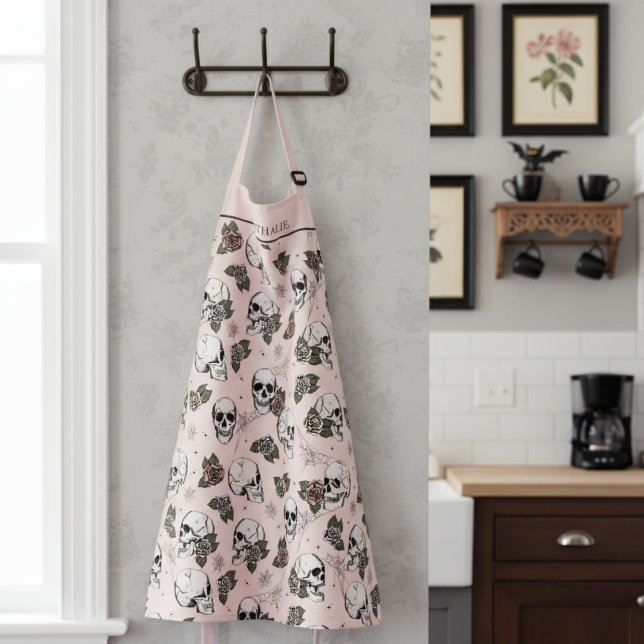 Blush Pink Gothic Skulls and Roses Custom Name Apron (Gothic Halloween or Dia de los Muertos Floral Skull Apron for Her. Skulls, Roses & Webs Fall Pattern)