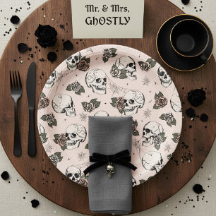 Blush Pink Gothic Skulls and Roses Halloween Paper Plate