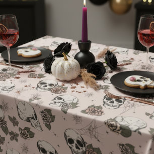 Blush Pink Gothic Skulls and Roses Halloween Tablecloth
