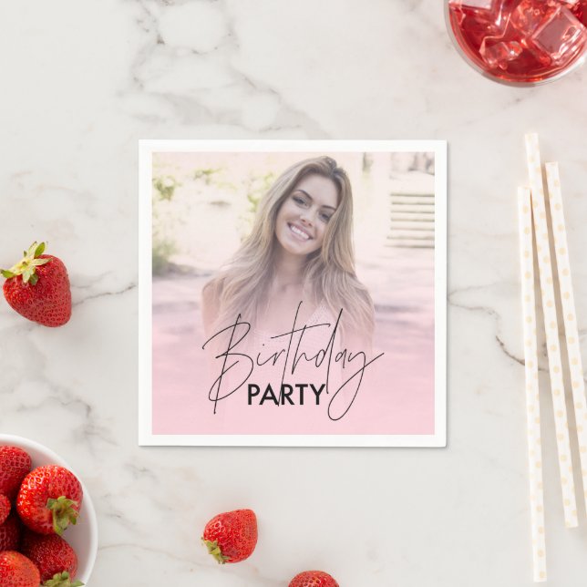 Blush Pink Gradient Personalised Photo Birthday Napkin (Insitu)
