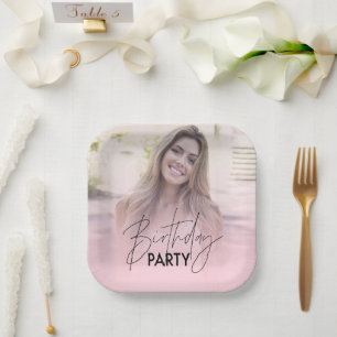 Blush Pink Gradient Personalised Photo Birthday Paper Plate