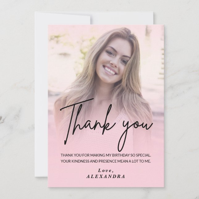 Blush Pink Gradient Photo Birthday Thank you card (Front)
