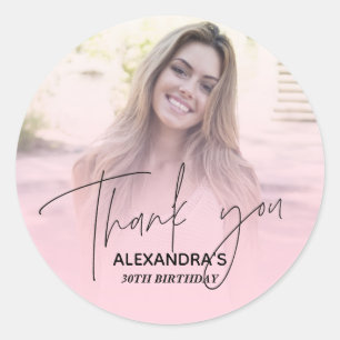 Blush Pink Gradient Photo Birthday Thank you Classic Round Sticker