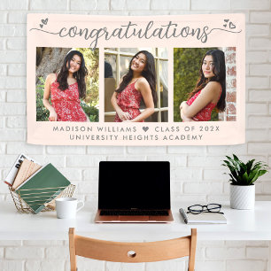 Blush Pink Graduation 3 Photo Modern Script Hearts Banner