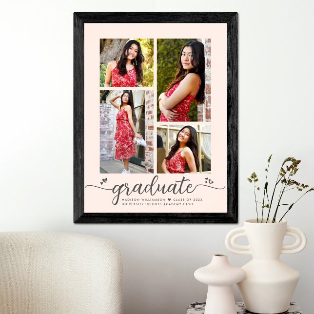 Blush Pink Graduation 4 Photo Grey Script Hearts Poster (Creator Uploaded)