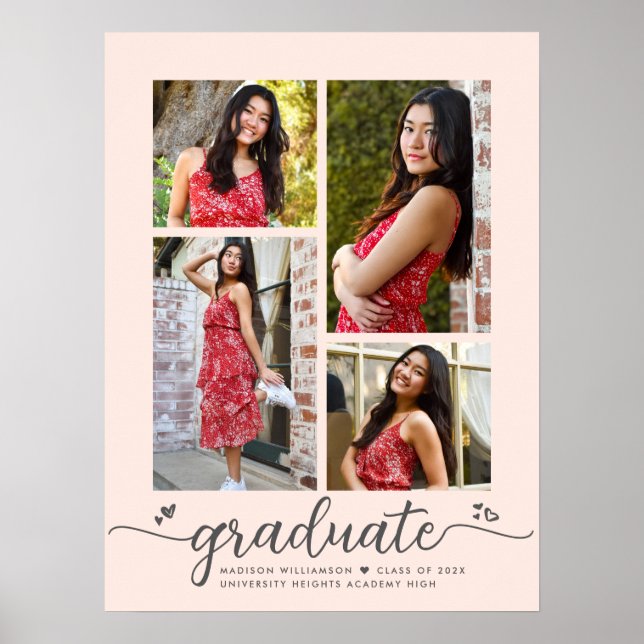 Blush Pink Graduation 4 Photo Grey Script Hearts Poster (Front)