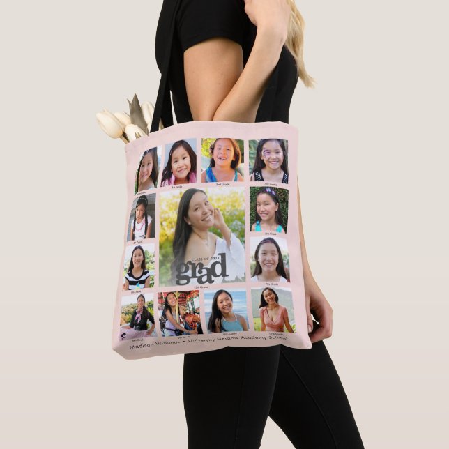 Blush Pink Graduation K–12 Modern Photo Collage Tote Bag (Close Up)