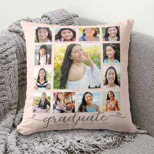 Blush Pink Graduation K–12 Photo Collage Script Cushion