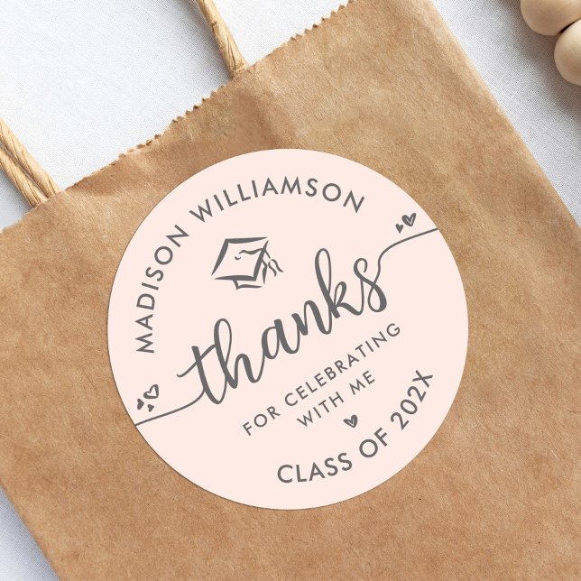 Blush Pink Graduation Modern Thank You Script Cap Classic Round Sticker (Creator Uploaded)