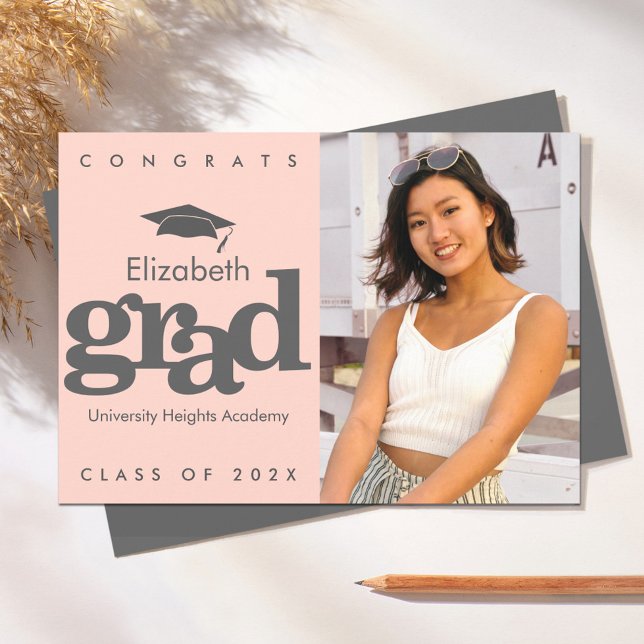 Blush pink graduation photo grey cap modern bold  announcement (Creator Uploaded)