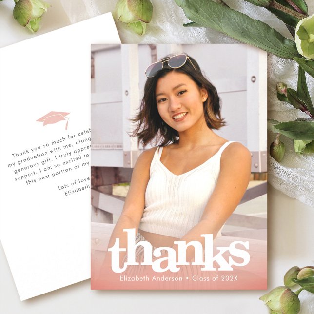 Blush pink graduation photo modern bold typography thank you card (Creator Uploaded)
