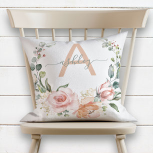 Blush Pink & Gray Floral Wreath Name Monogram Cushion