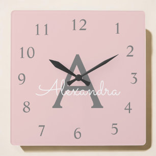 Blush Pink Gray Script Monogram Girly Name Square Wall Clock
