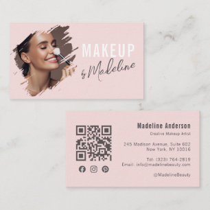 Blush Pink Gray Script Photo Makeup Business Card