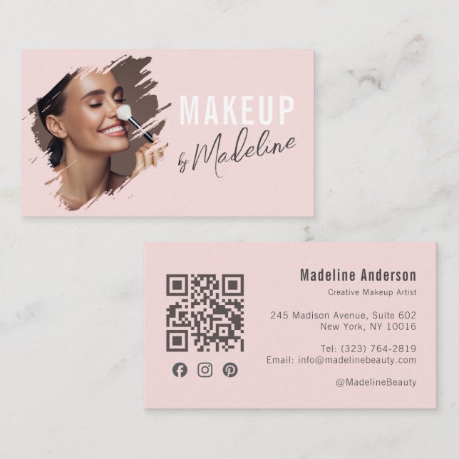 Blush Pink Gray Script Photo Makeup Business Card (Front/Back)