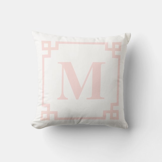 Blush Pink Greek Key Border Monogram Pillow I (Front)