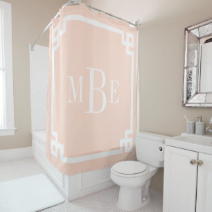 Blush Pink Greek Key Border Monogram Shower Curtain