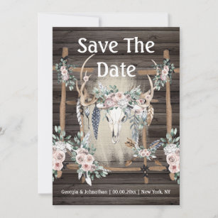 Blush pink green boho antler tribal feather wood save the date