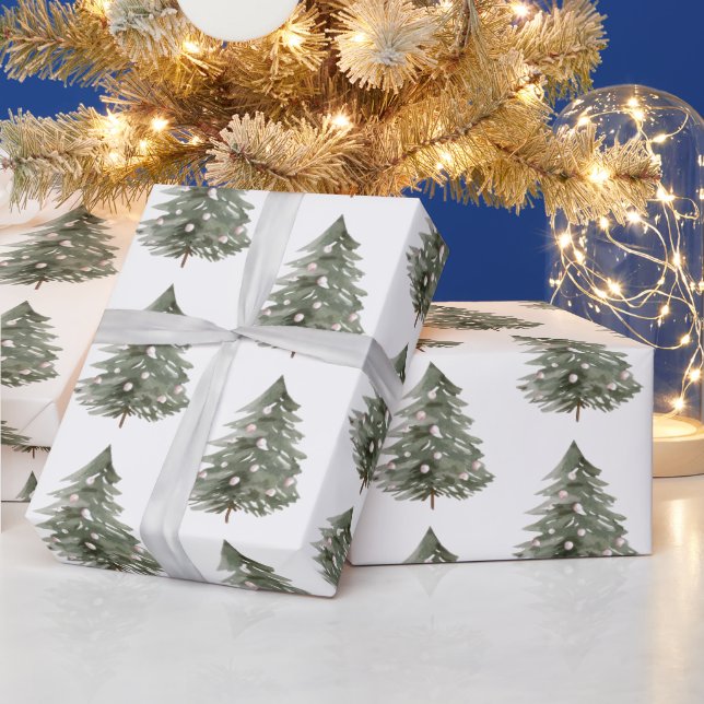 Blush Pink Green Christmas Trees Wrapping Paper (Holidays)