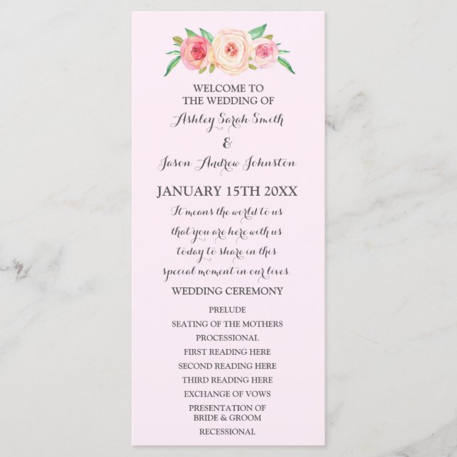 Blush Pink Green Floral Wedding Program (Front)
