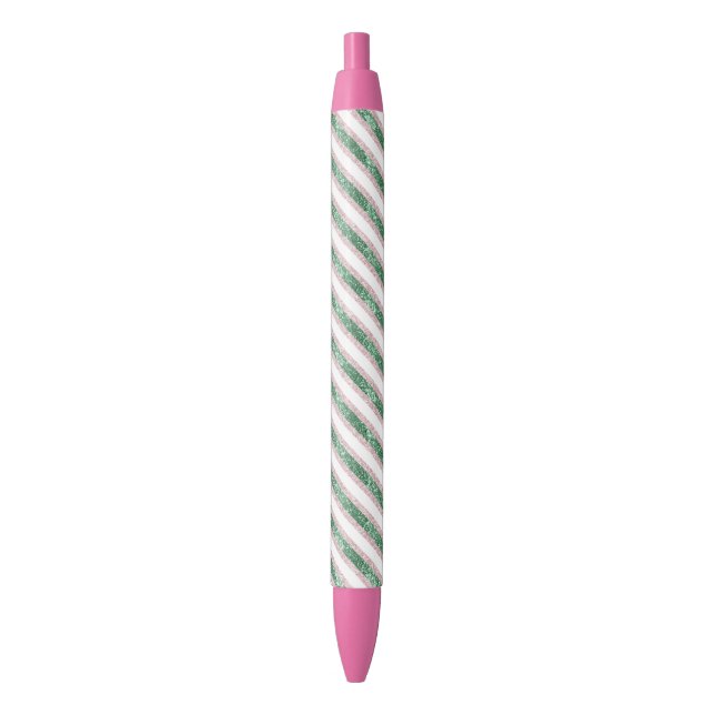Blush Pink Green Glitter Stripes Christmas   Black Ink Pen (Front Vertical)